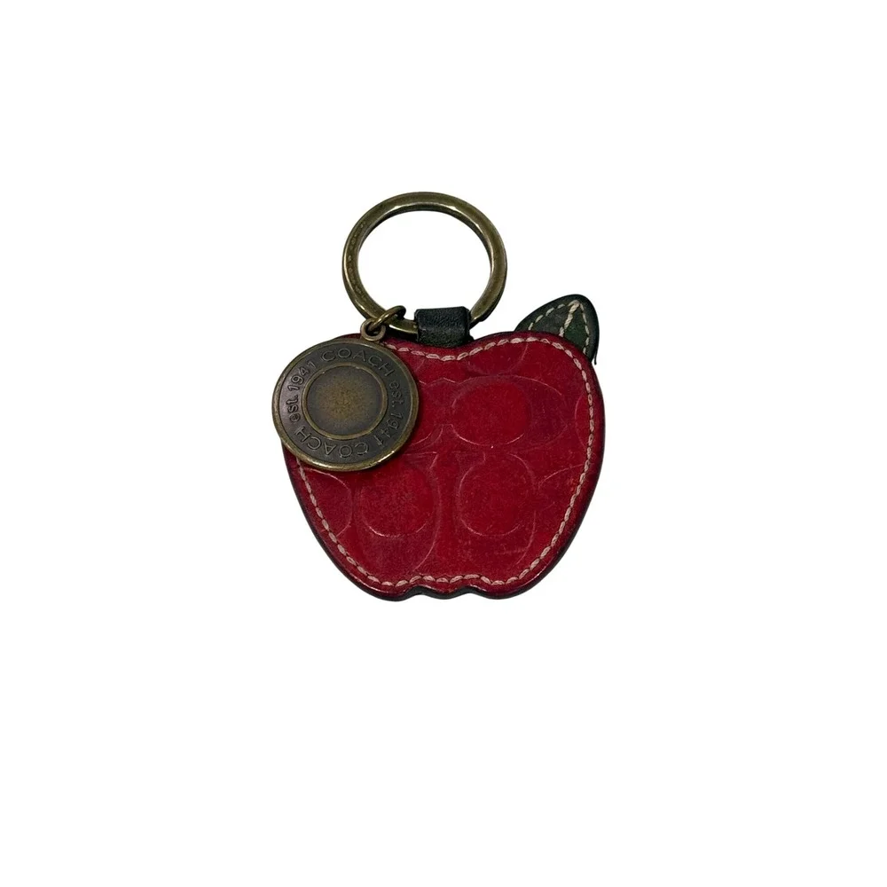 Coach Red Leather Apple Bag Charm Keychain Signature C Brass Hardware 1941 Logo